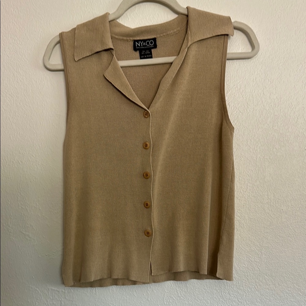 Vintage New York & Company Tan Silk cotton Tank Top with Notched Collar